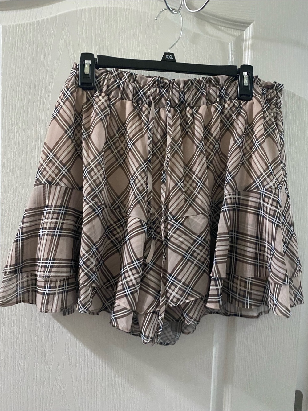 Plaid Ruffle Mini Shorts in Beige and Black